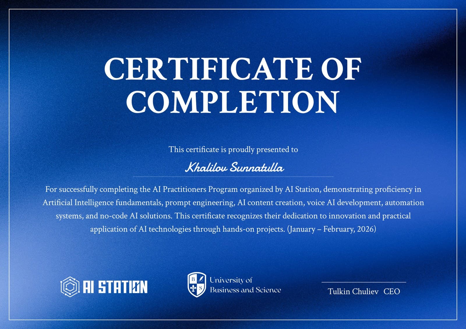 AIpreneurship Program certificate of completion